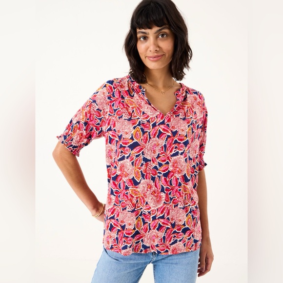 Fat Face Florence Indigo Blue Batik Floral Short Sleeve Top - Picture 9 of 9